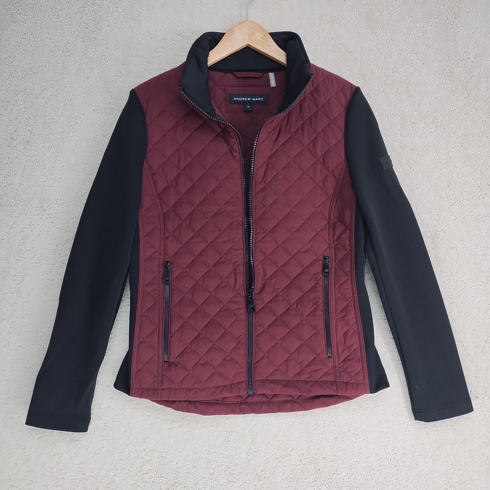 Andrew Marc Jacket Womens M Quilted Zip Front Burgundy Black Long Sleeve Pockets